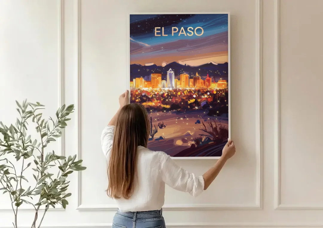 El Paso Night Lights canvas wall art being hung on a paneled wall