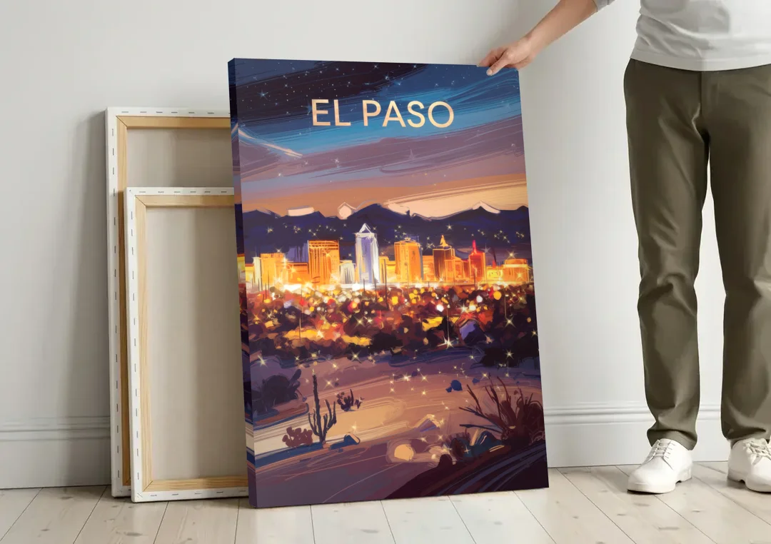 El Paso Night Lights canvas wall art leaning against a wall next to blank canvases
