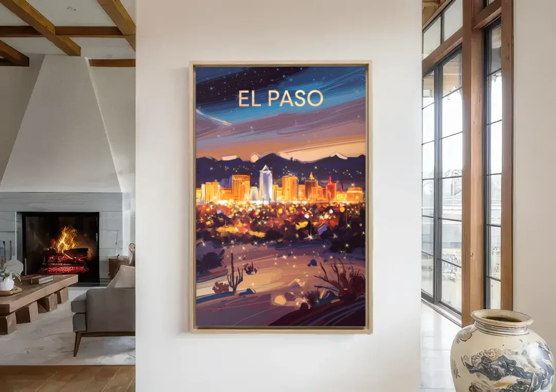 El Paso Night Lights canvas wall art in a living room with a fireplace