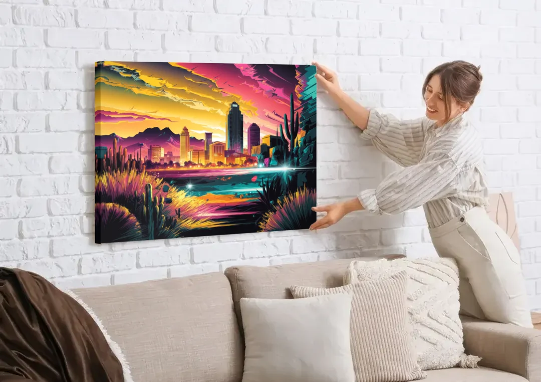 El Paso Scenic Landscape canvas wall art being hung on a white brick wall above a sofa