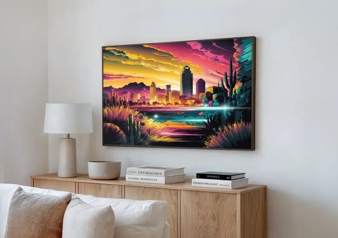 El Paso Scenic Landscape canvas wall art above a wooden sideboard next to a sofa