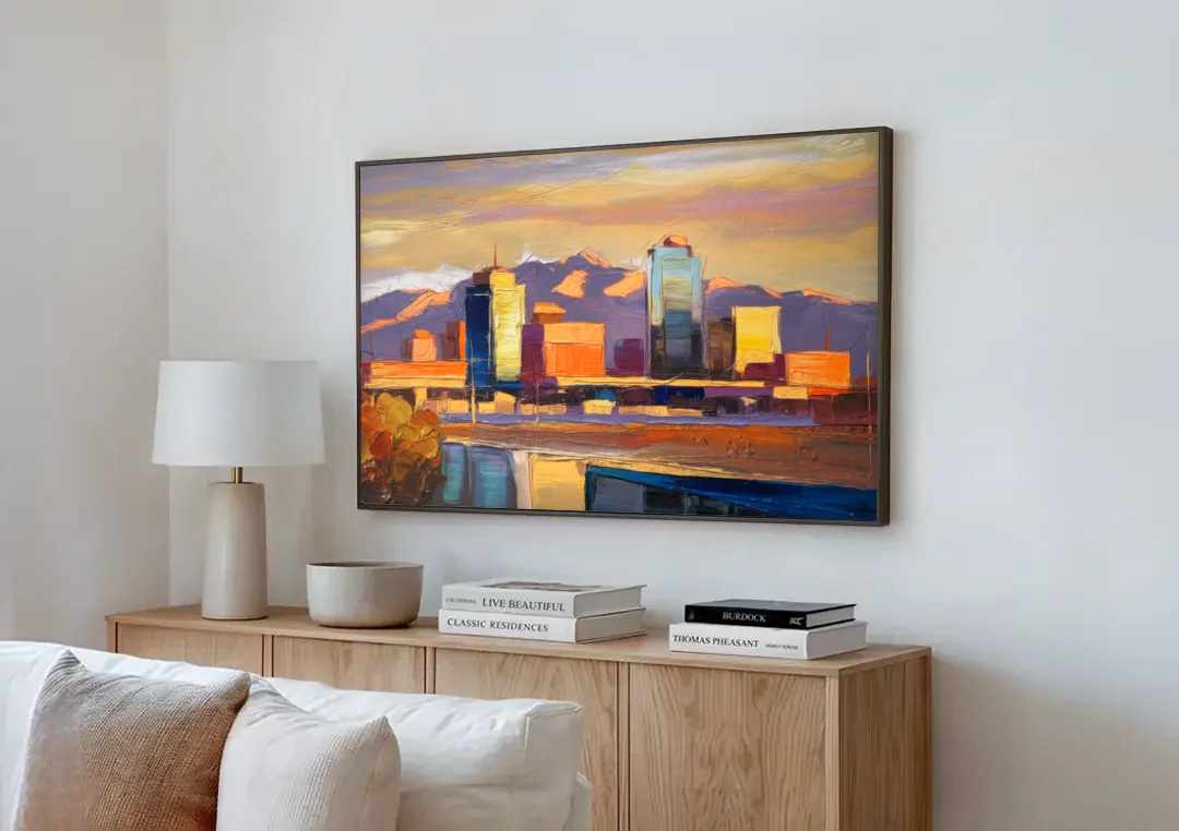 El Paso Skyline View canvas wall art above a wooden sideboard next to a sofa