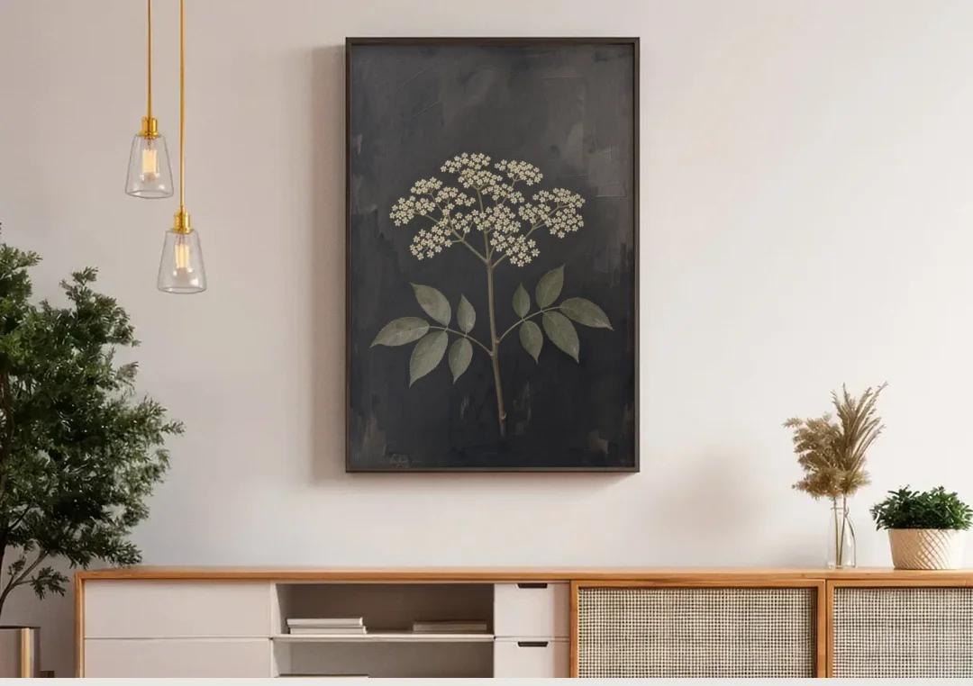 Elderflower Painting on a Dark Field canvas wall art above a wooden sideboard under pendant lights
