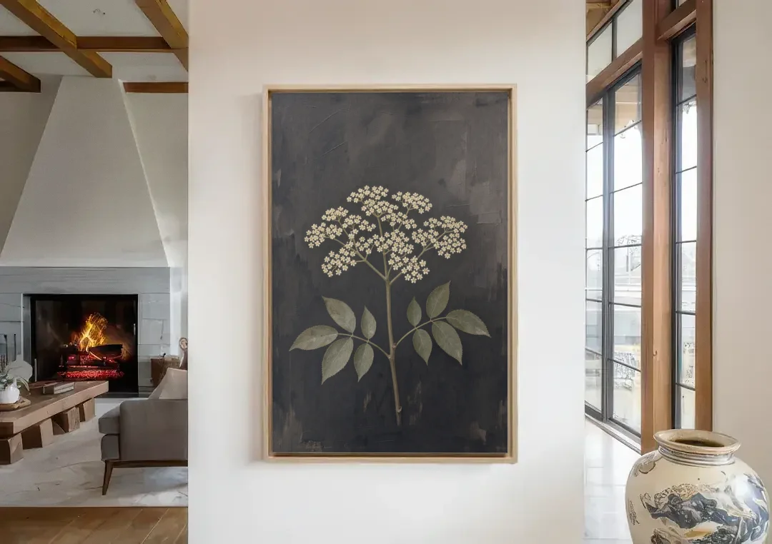 Elderflower Painting on a Dark Field canvas wall art in a living room with a fireplace