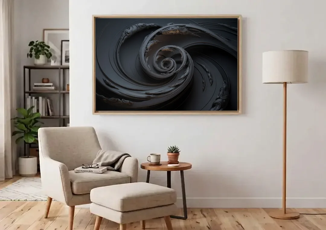 Elegance in Motion Black Abstract canvas wall art above an armchair in a bright living room