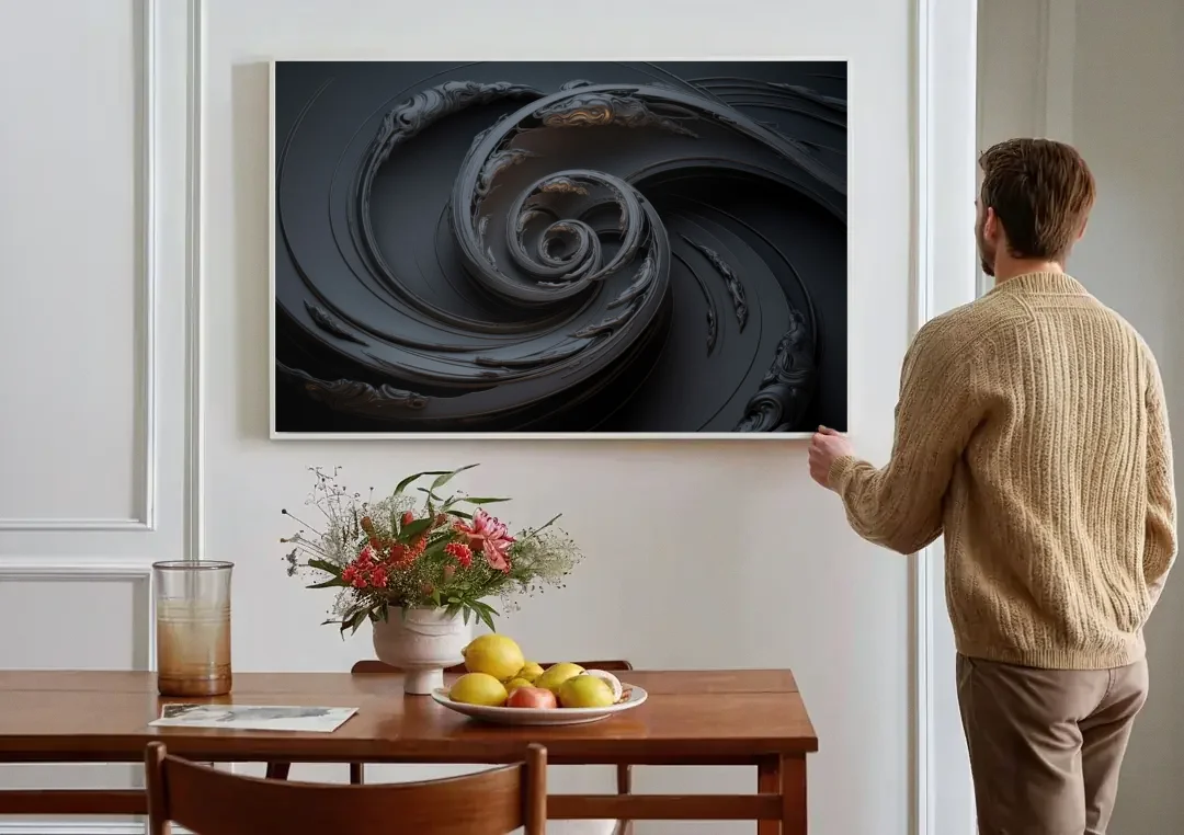 Elegance in Motion Black Abstract canvas wall art above a dining table