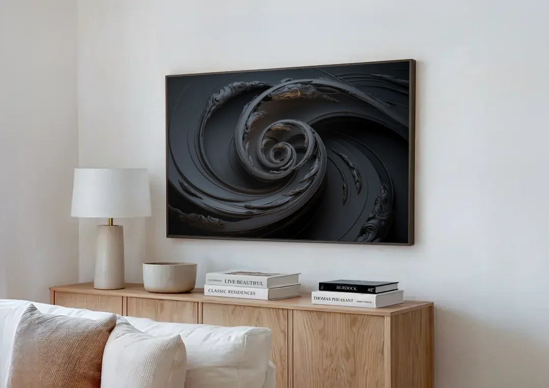 Elegance in Motion Black Abstract canvas wall art above a wooden sideboard next to a sofa