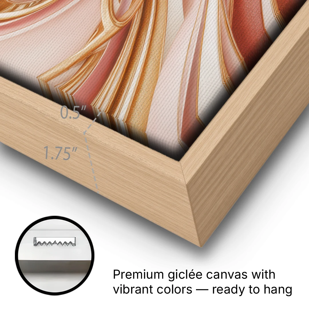 Elegance in Motion Pink and Gold Abstract - Oak Framed Canvas Wall Art - Gallery Wrap Corner