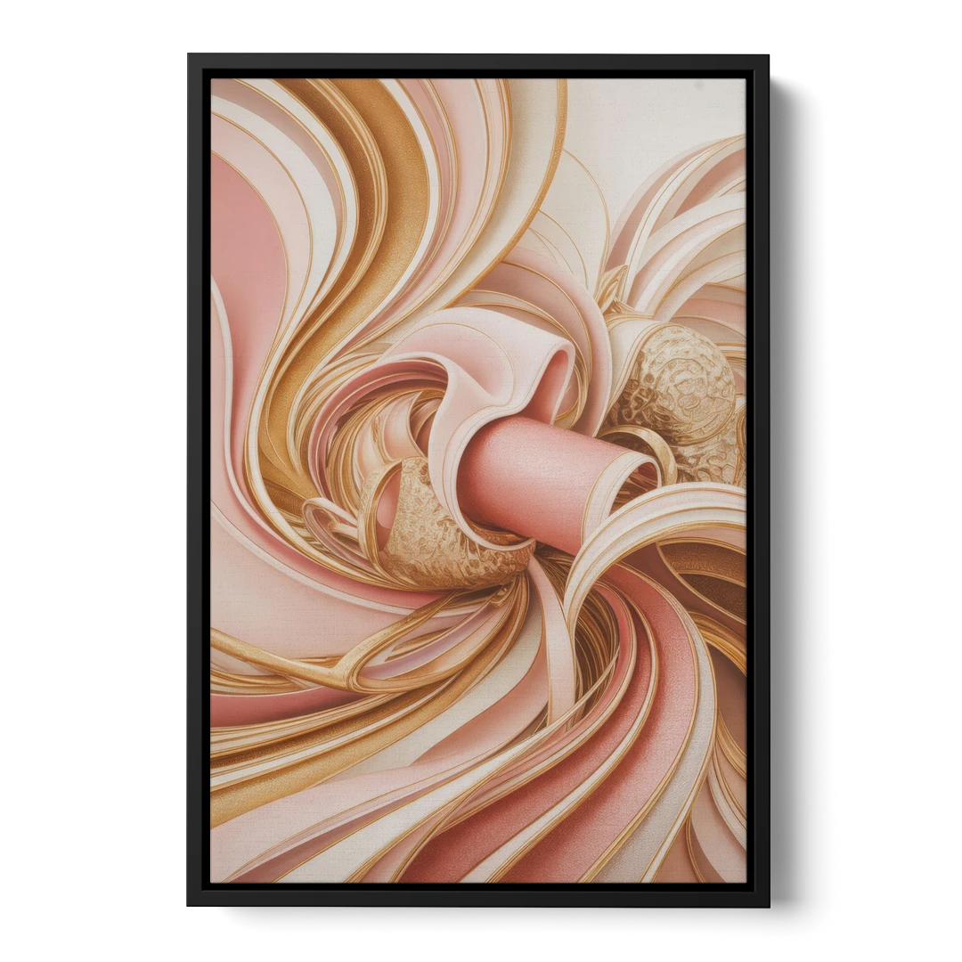 Elegance in Motion Pink and Gold Abstract - Black Framed Canvas Wall Art - Front