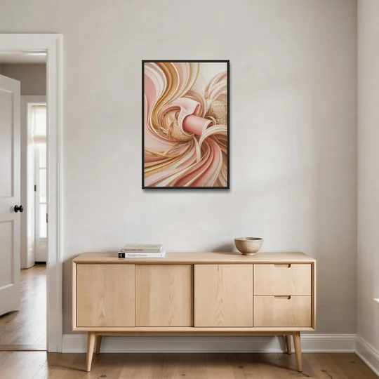 Elegance in Motion Pink and Gold Abstract - Black Framed Canvas Wall Art - Coffee Table - 24x36