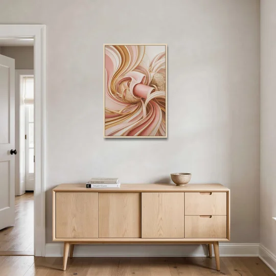 Elegance in Motion Pink and Gold Abstract - Oak Framed Canvas Wall Art - Coffee Table - 24x36