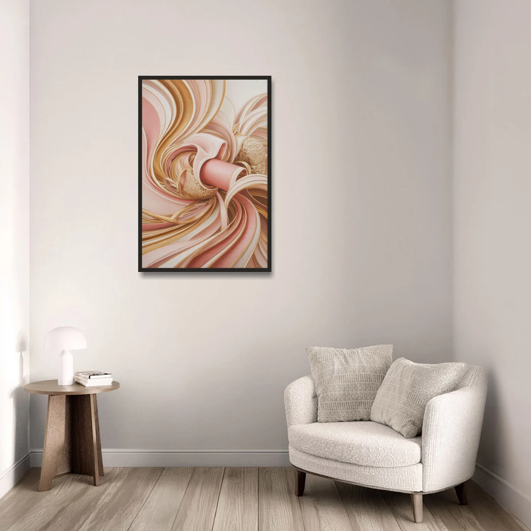 Elegance in Motion Pink and Gold Abstract - Black Framed Canvas Wall Art - Sofa - 24x36