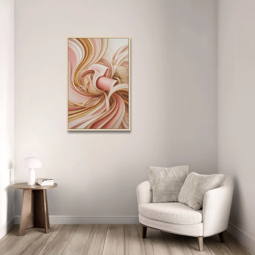 Elegance in Motion Pink and Gold Abstract - Oak Framed Canvas Wall Art - Sofa - 24x36