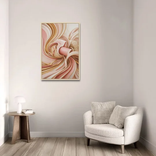 Elegance in Motion Pink and Gold Abstract - Oak Framed Canvas Wall Art - Sofa - 24x36