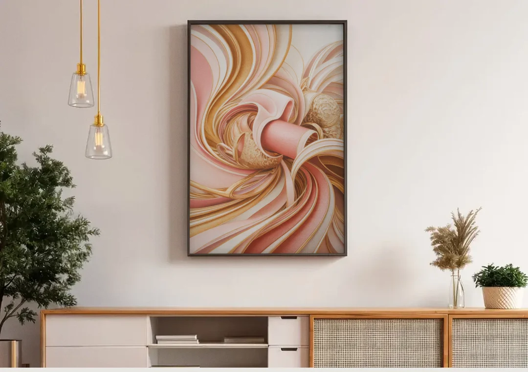 Elegance in Motion Pink and Gold Abstract canvas wall art above a wooden sideboard under pendant lights