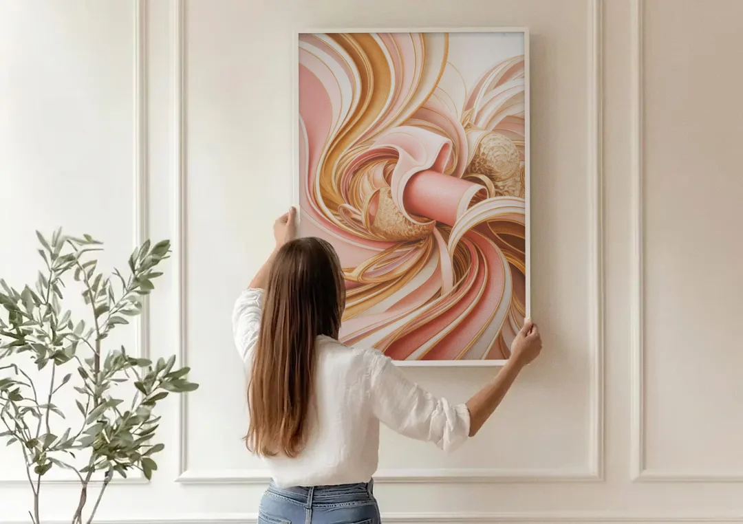 Elegance in Motion Pink and Gold Abstract canvas wall art being hung on a paneled wall