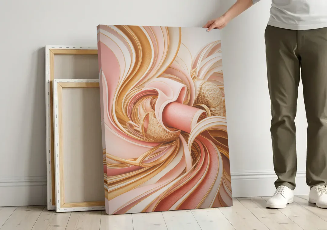 Elegance in Motion Pink and Gold Abstract canvas wall art leaning against a wall next to blank canvases