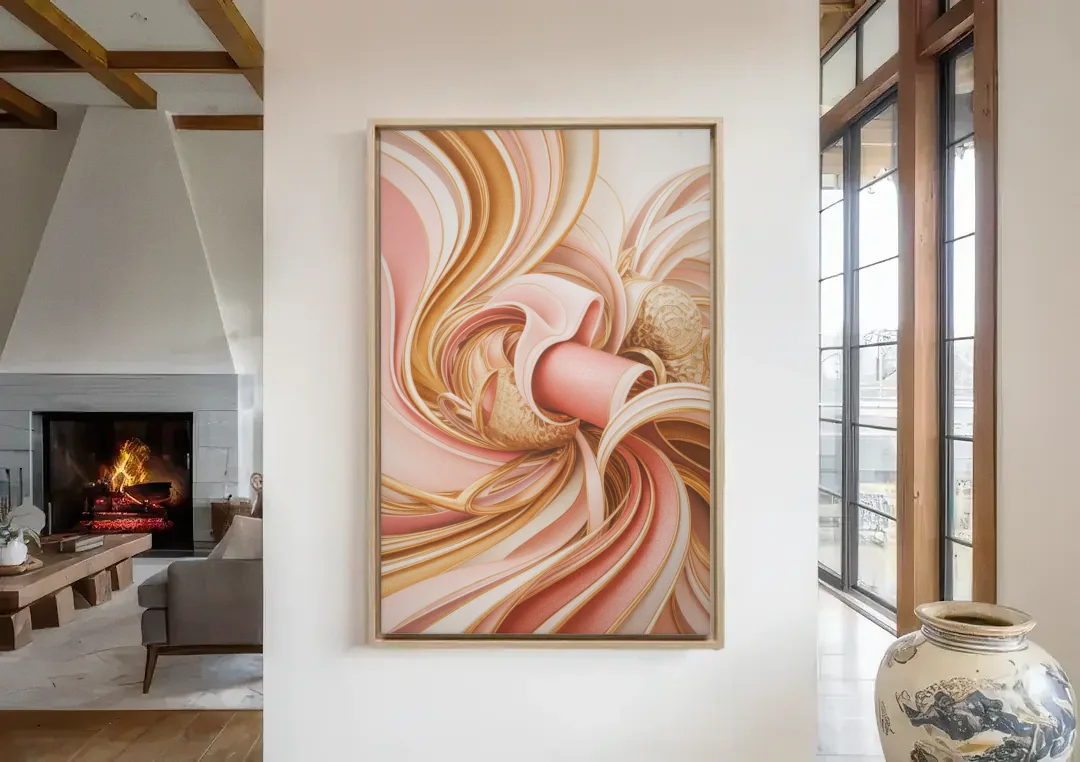 Elegance in Motion Pink and Gold Abstract canvas wall art in a living room with a fireplace
