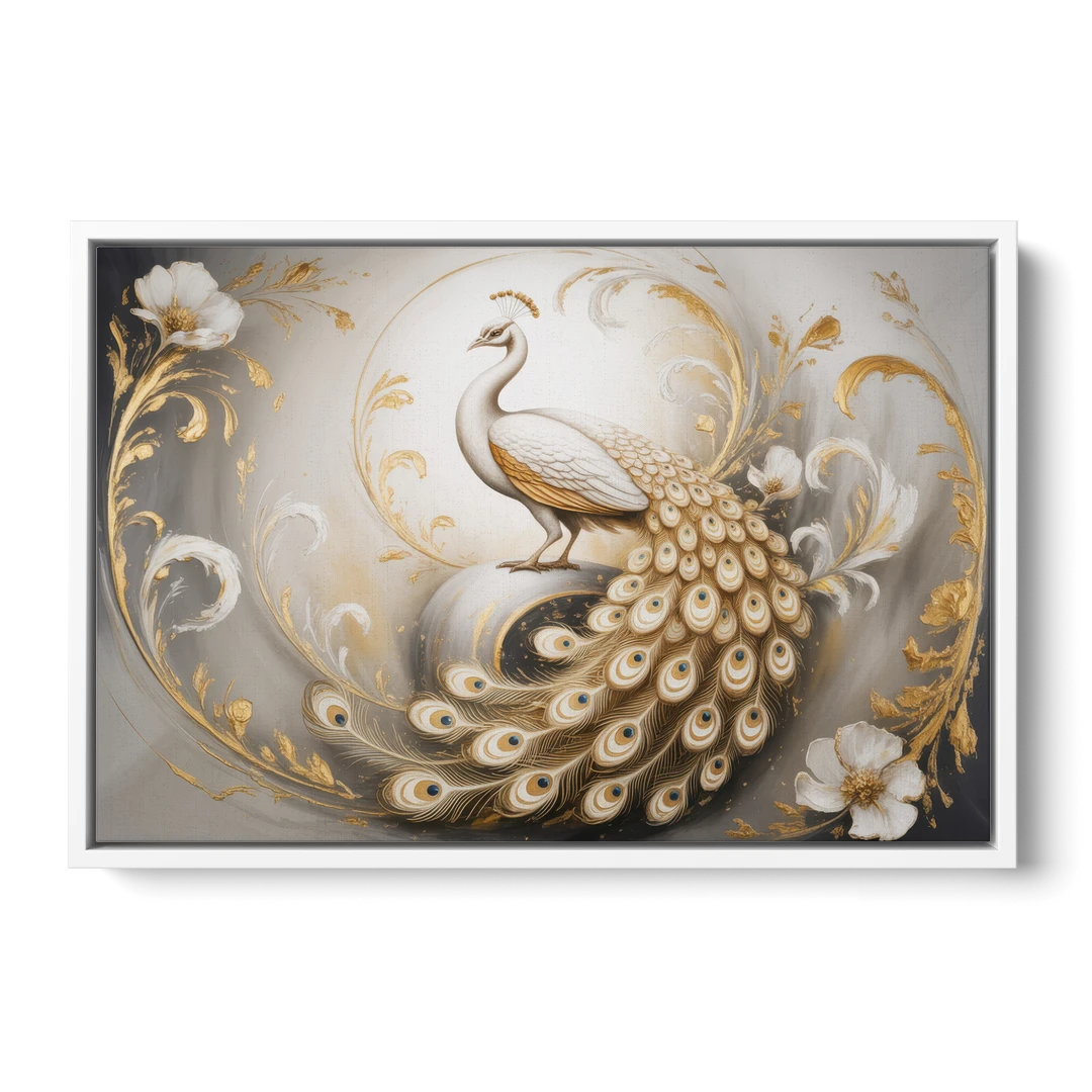 Elegance in White and Gold - White Framed Canvas Wall Art - Front