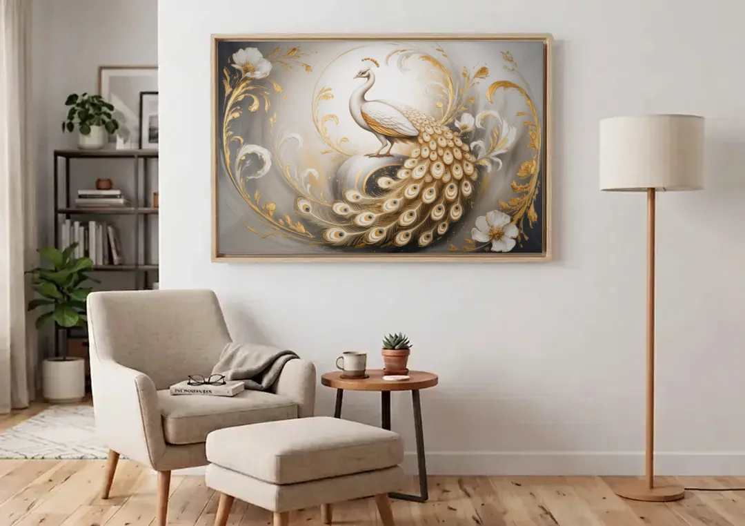 Elegance in White and Gold canvas wall art above an armchair in a bright living room