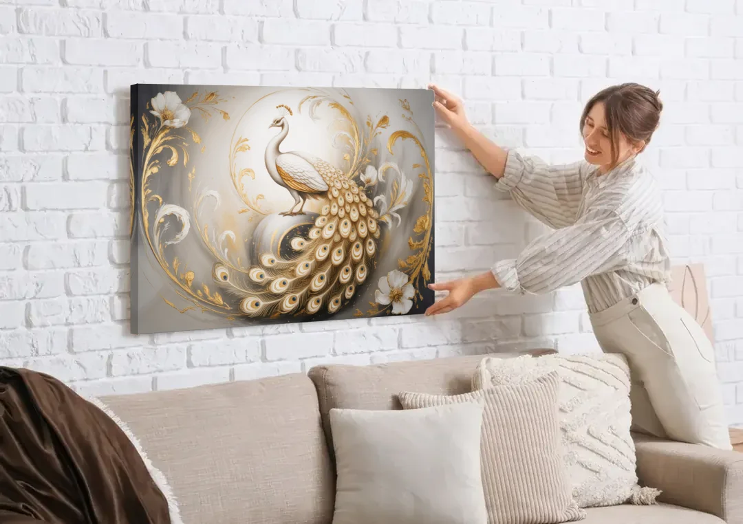 Elegance in White and Gold canvas wall art being hung on a white brick wall above a sofa