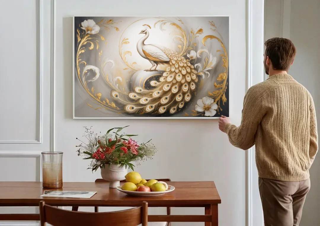 Elegance in White and Gold canvas wall art above a dining table