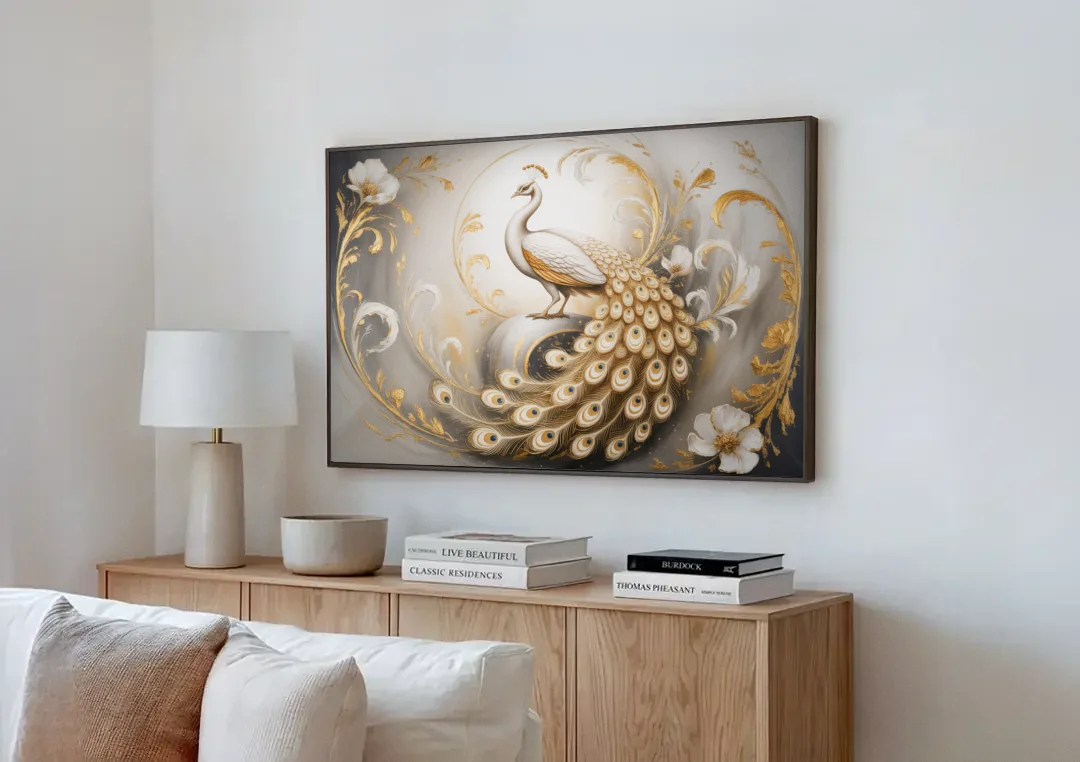 Elegance in White and Gold canvas wall art above a wooden sideboard next to a sofa