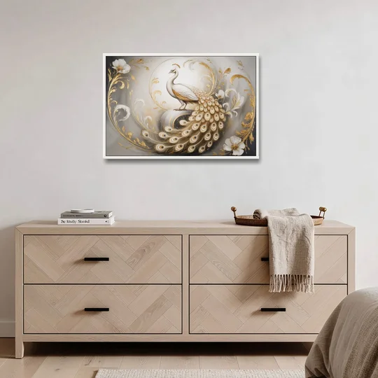 Elegance in White and Gold - White Framed Canvas Wall Art - Coffee Table - 36x24