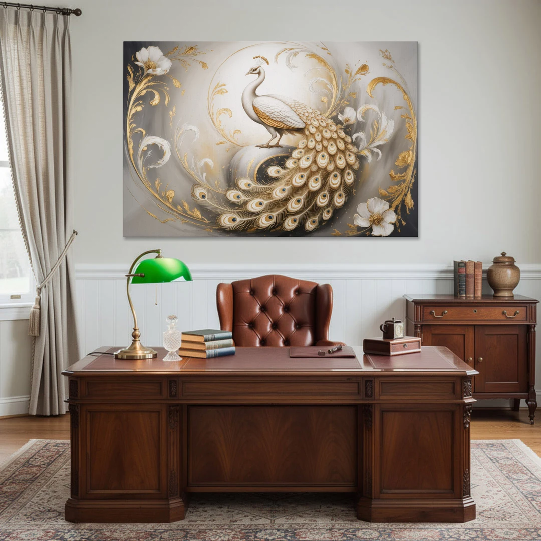 Elegance in White and Gold - Canvas Wall Art - Office - 60x40