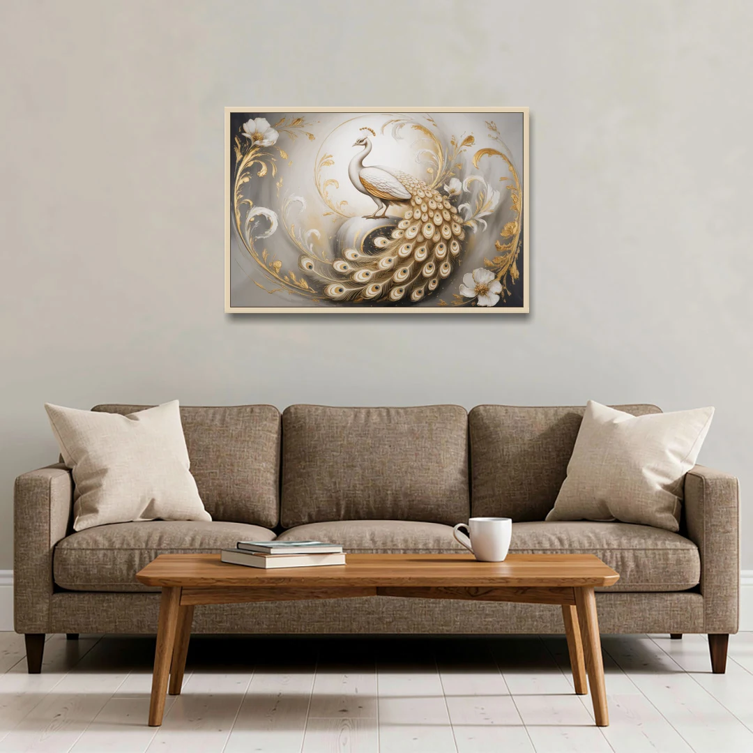 Elegance in White and Gold - Oak Framed Canvas Wall Art - Sofa - 36x24