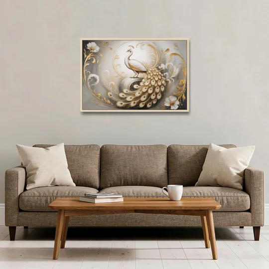 Elegance in White and Gold - Oak Framed Canvas Wall Art - Sofa - 36x24