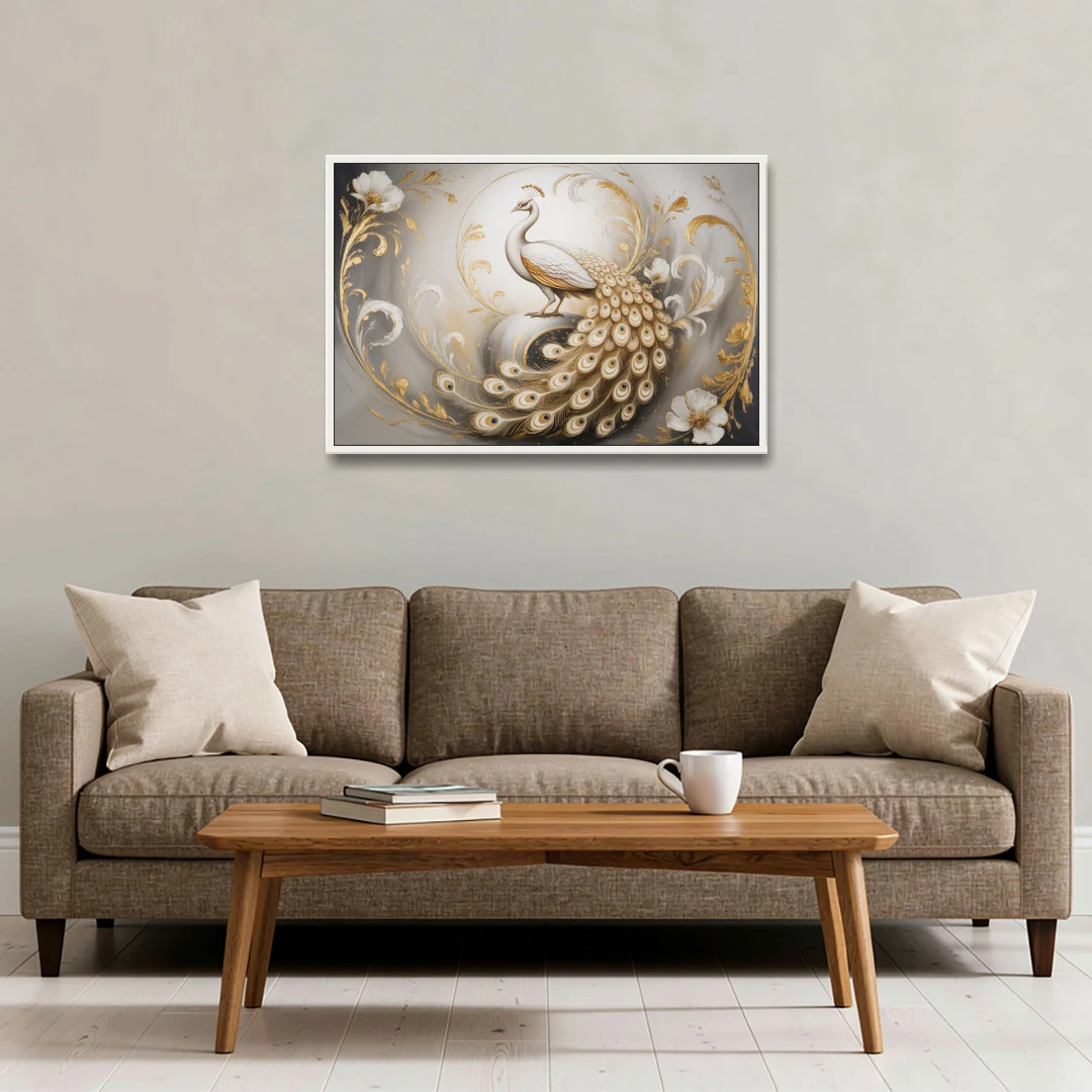 Elegance in White and Gold - White Framed Canvas Wall Art - Sofa - 36x24