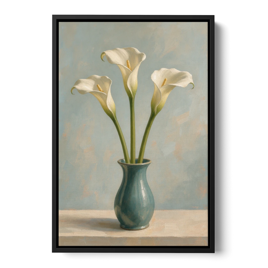 Elegant Calla Lilies in a Teal Vase for the Bathroom - Black Framed Canvas Wall Art - Front
