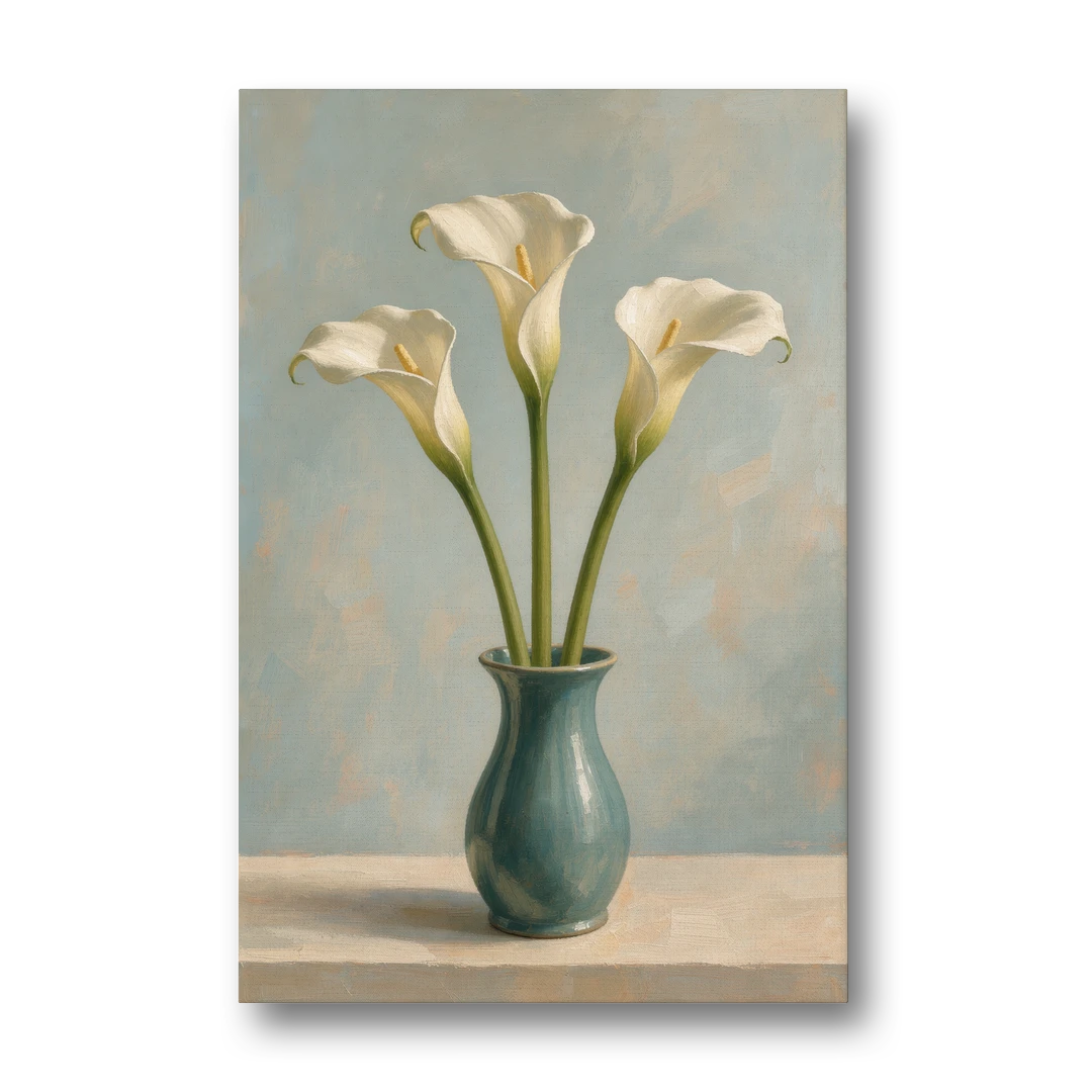 Elegant Calla Lilies in a Teal Vase for the Bathroom - Canvas Wall Art - Front