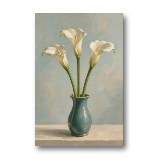 Elegant Calla Lilies in a Teal Vase for the Bathroom - Canvas Wall Art - Front