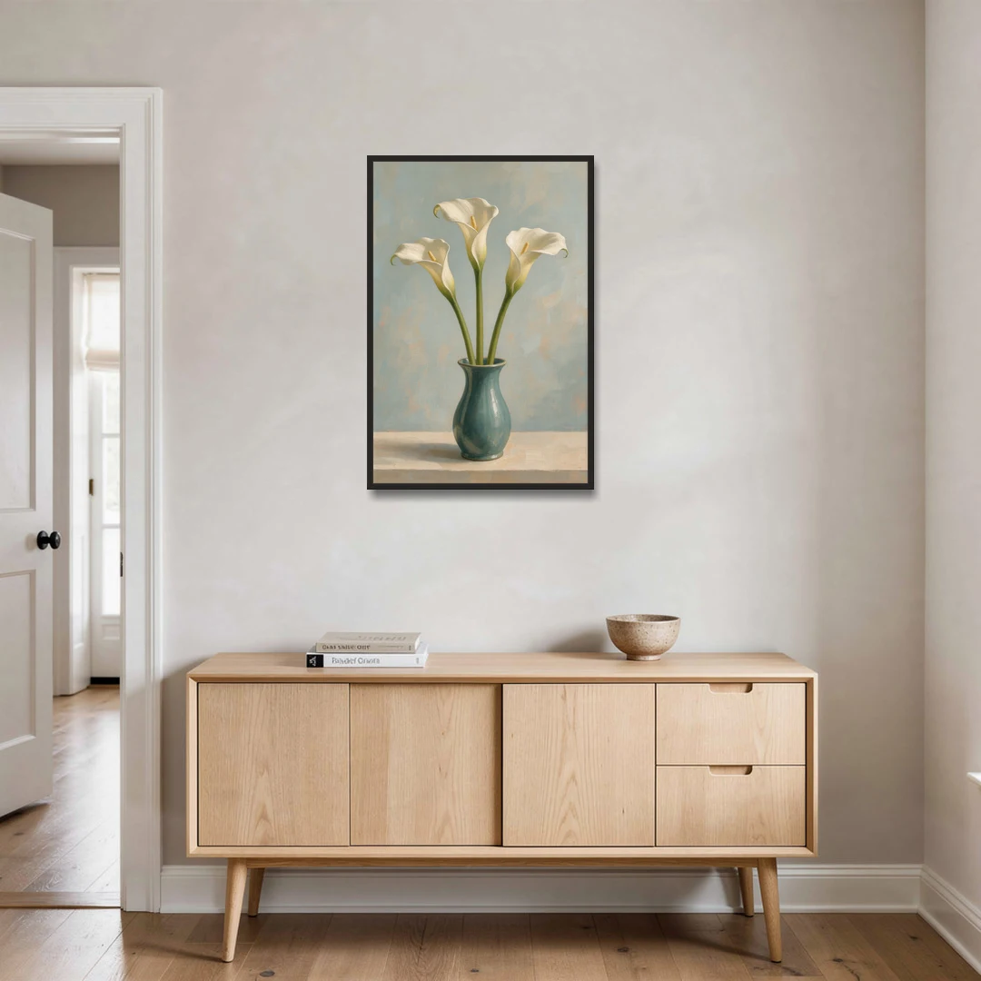 Elegant Calla Lilies in a Teal Vase for the Bathroom - Black Framed Canvas Wall Art - Coffee Table - 24x36