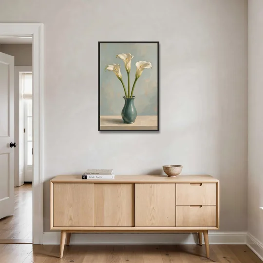 Elegant Calla Lilies in a Teal Vase for the Bathroom - Black Framed Canvas Wall Art - Coffee Table - 24x36