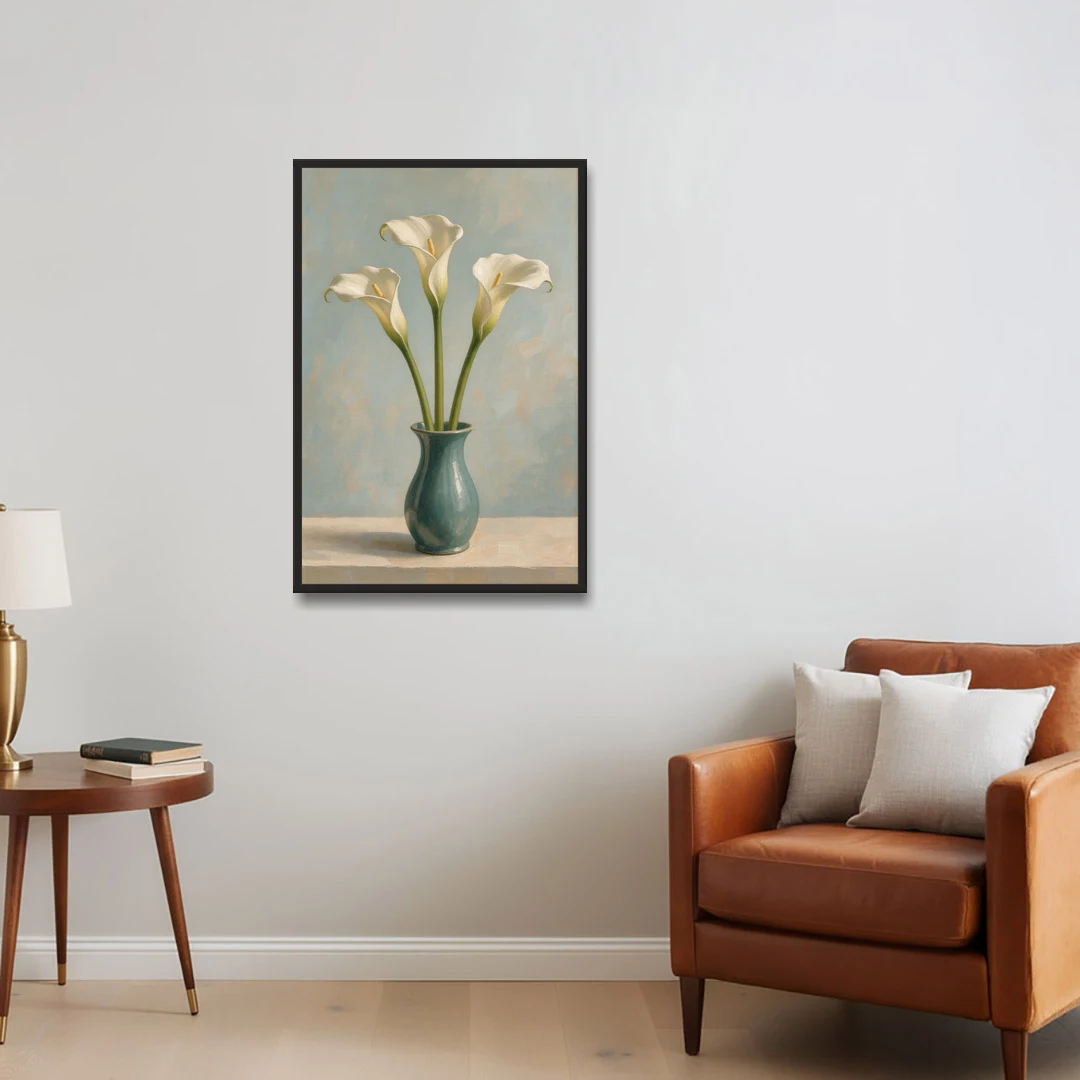 Elegant Calla Lilies in a Teal Vase for the Bathroom - Black Framed Canvas Wall Art - Sofa - 24x36