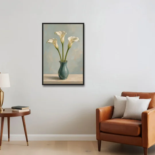 Elegant Calla Lilies in a Teal Vase for the Bathroom - Black Framed Canvas Wall Art - Sofa - 24x36