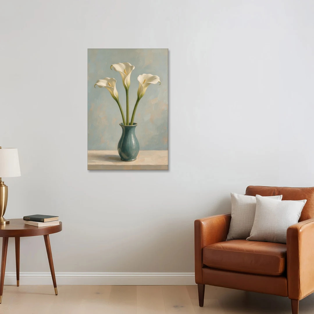 Elegant Calla Lilies in a Teal Vase for the Bathroom - Canvas Wall Art - Sofa - 24x36