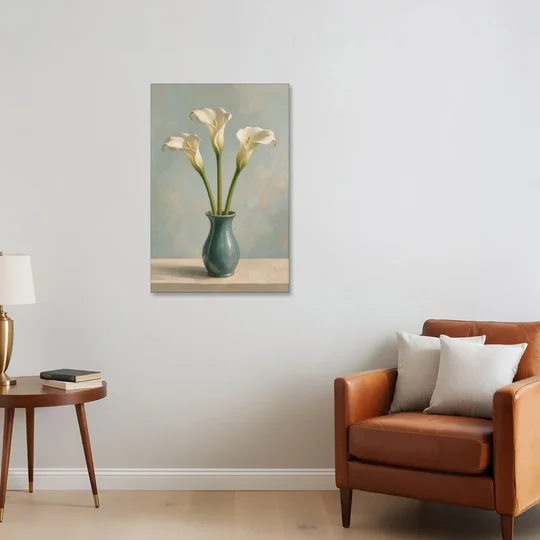 Elegant Calla Lilies in a Teal Vase for the Bathroom - Canvas Wall Art - Sofa - 24x36