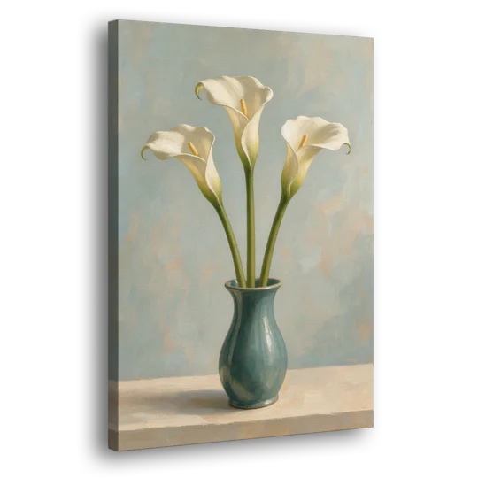 Elegant Calla Lilies in a Teal Vase for the Bathroom - Canvas Wall Art - Side