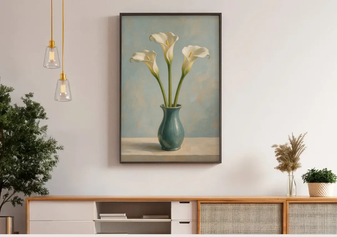 Elegant Calla Lilies in a Teal Vase for the Bathroom canvas wall art above a wooden sideboard under pendant lights