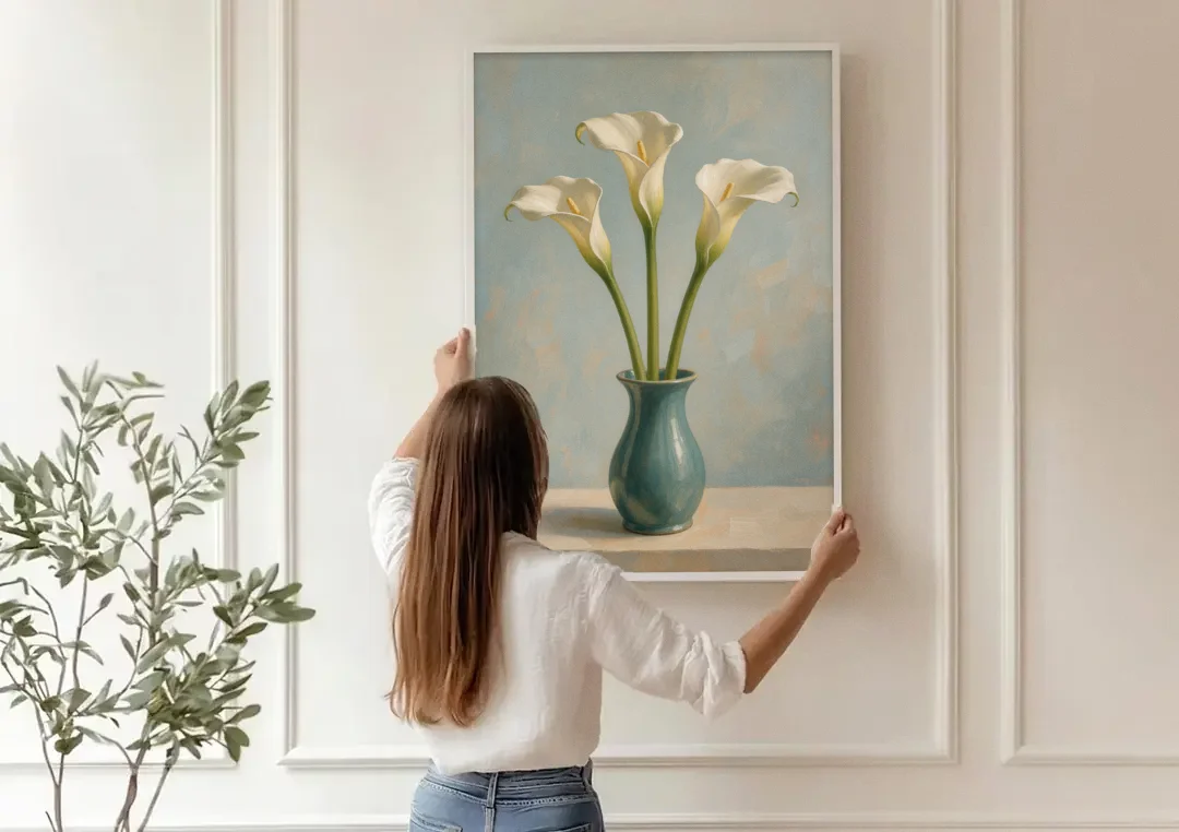 Elegant Calla Lilies in a Teal Vase for the Bathroom canvas wall art being hung on a paneled wall
