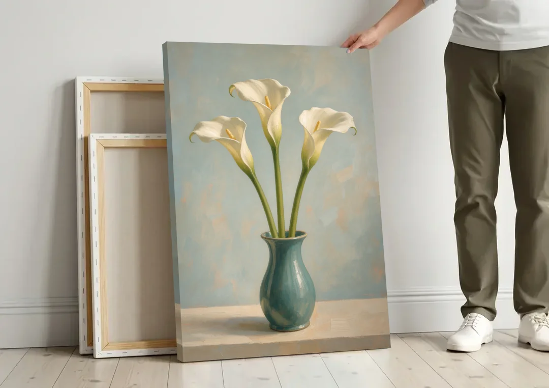 Elegant Calla Lilies in a Teal Vase for the Bathroom canvas wall art leaning against a wall next to blank canvases