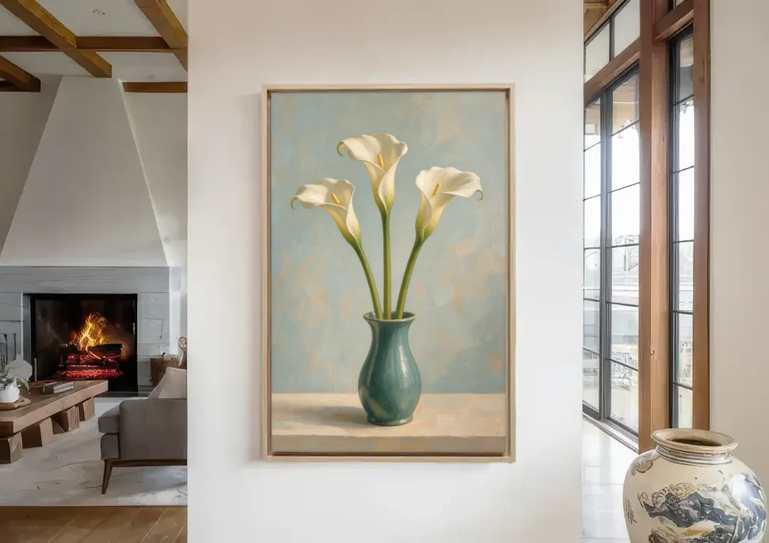 Elegant Calla Lilies in a Teal Vase for the Bathroom canvas wall art in a living room with a fireplace
