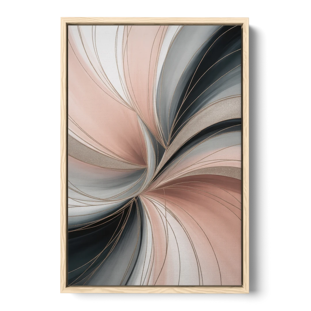 Elegant Curves Pink and Grey Abstract - Oak Framed Canvas Wall Art - Front
