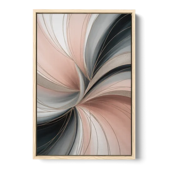 Elegant Curves Pink and Grey Abstract - Oak Framed Canvas Wall Art - Front