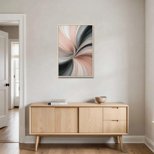Elegant Curves Pink and Grey Abstract - Oak Framed Canvas Wall Art - Coffee Table - 24x36