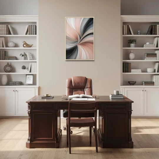 Elegant Curves Pink and Grey Abstract - Oak Framed Canvas Wall Art - Office - 24x36